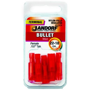 Jandorf 60924 Bullet Terminal, 600 V, 22 to 18 AWG Wire, Nylon Insulation, Copper Contact, Red