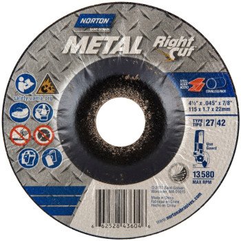 NORTON 66252843604 Grinding Wheel, 4-1/2 in Dia, 0.045 in Thick, 7/8 in Arbor, 24 Grit, Extra Coarse