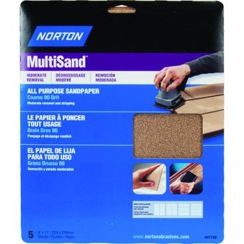 NORTON MultiSand 07660747740 Sanding Sheet, 11 in L, 9 in W, Coarse, 80 Grit, Aluminum Oxide Abrasive