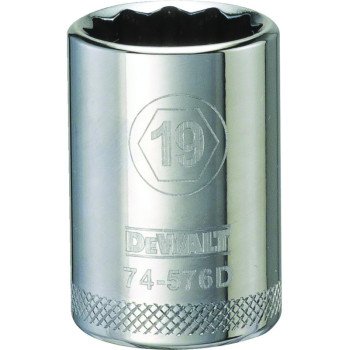 DEWALT DWMT74576OSP Drive Socket, 19 mm Socket, 1/2 in Drive, 12-Point, Steel, Polished Chrome Vanadium