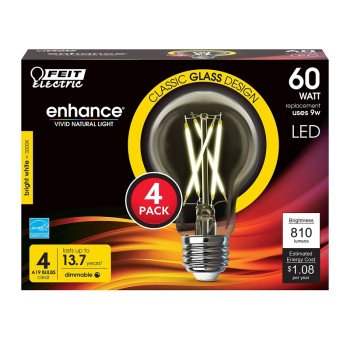 Feit Electric A1960CL930CA/FIL/4 Filament LED Bulb, Type A, A19 Lamp, 60 W Equivalent, E26 Lamp Base, Dimmable, Clear, 4/PK