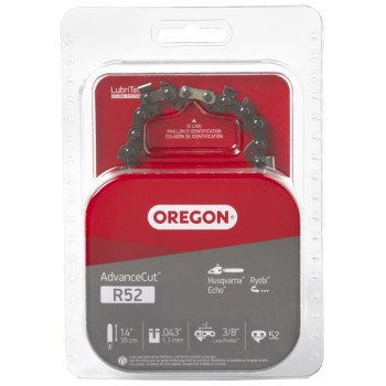 Oregon AdvanceCut R52 Chainsaw Chain, 14 in L Bar, 0.043 Gauge, 3/8 in TPI/Pitch, 52-Link