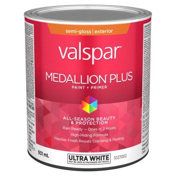 Medallion Plus 029.1027002.005 Exterior Paint and Primer, Acrylic, Semi-Gloss, Ultra White, 1 qt