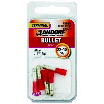 Jandorf 60925 Bullet Terminal, 600 V, 22 to 18 AWG Wire, Nylon Insulation, Copper Contact, Red