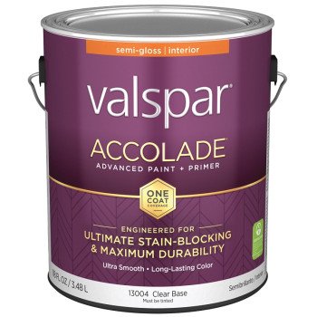 Valspar Accolade 1300 028.0013004.007 Latex Paint, Acrylic Base, Semi-Gloss, Clear Base, 1 gal, Plastic Can