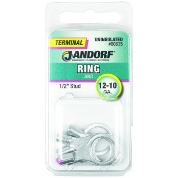 Jandorf 60835 Ring Terminal, 12 to 10 AWG Wire, 1/2 in Stud, Copper Contact