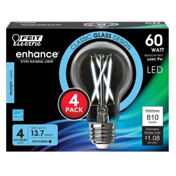 Feit Electric A1960CL950CA/FIL/4 Filament LED Light Bulb, A19 Lamp, 60 W Equivalent, E26 Medium Lamp Base, Dimmable