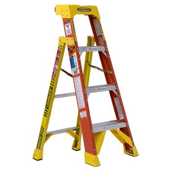 WERNER L6200 Series L6204 Leaning Ladder, 7 ft 3 in, 8 ft 4 in Max Reach H, 4-Step, 300 lb, Fiberglass, Orange/Yellow