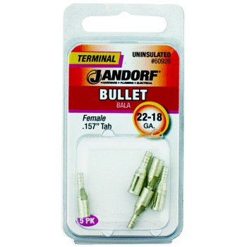 Jandorf 60926 Bullet Terminal, 600 V, 22 to 18 AWG Wire, Copper Contact, 5/PK