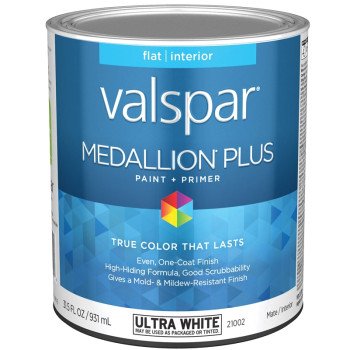 Valspar Medallion Plus 2100 028.0021002.005 Latex Paint, Acrylic Base, Flat Sheen, Ultra White Base, 1 qt