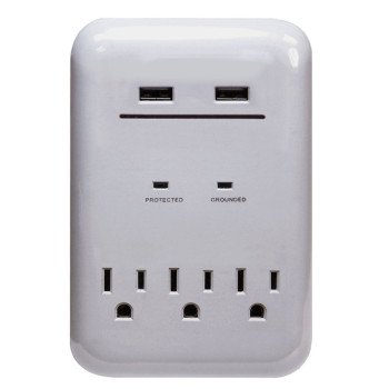 PowerZone ORUSB343S USB Charger, 125 V, 15 A, 3-Outlet, 950 Joules Energy, White