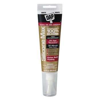 DAP SILICONE MAX 08795 Kitchen and Bath Sealant, Gloss White, 24 hr Curing, -35 to 140 deg F, 2.8 fl-oz Cartridge/Tube