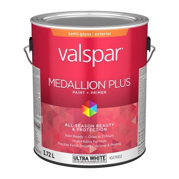 Medallion Plus 029.1027002.007 Exterior Paint and Primer, Acrylic, Semi-Gloss, Ultra White, 1 gal