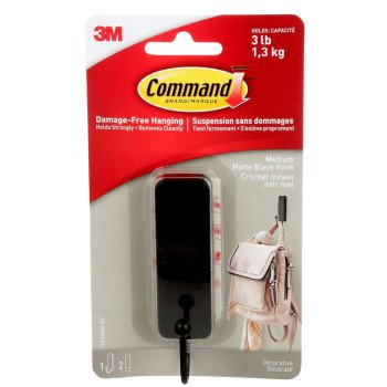 Command 17034MB-ES Medium Decorative Hook, 1 in W, Metal/Plastic, Matte, 3 lb