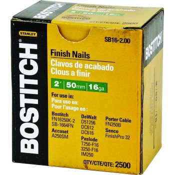 Bostitch SB16-200 Finish Nail, 2 in L, 16 Gauge, Steel, Coated, Smooth Shank