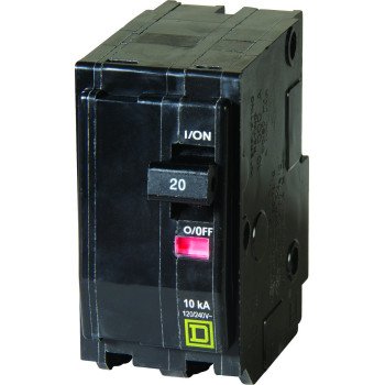 Square D QO QO220C Circuit Breaker, Mini, 20 A, 2 -Pole, 120/240 VAC, 48 VDC, Plug Mounting, Black