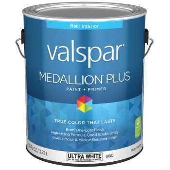 Valspar Medallion Plus 2100 028.0021002.007 Latex Paint, Acrylic Base, Flat Sheen, Ultra White Base, 1 gal