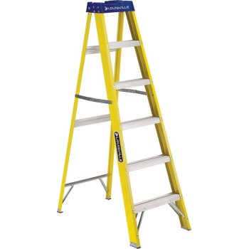 Louisville FS2006 Step Ladder, 6 ft H, Type I Duty Rating, Fiberglass, 250 lb, 5-Step, 124 in Max Reach