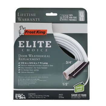 Frost King ES184W Weatherstrip, 3/4 in W, 1/2 in Thick, 7 ft L, PVC, White