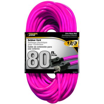 PowerZone ORN513833 Extension Cord, 12 AWG Cable, 80 ft L, 15 A, 125 V, Neon Pink