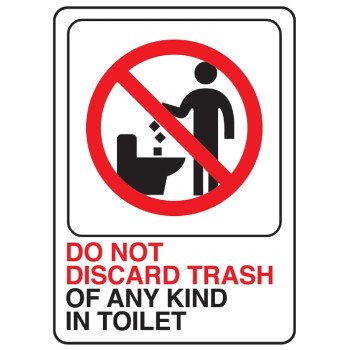 Hy-Ko D-25 Deco Sign, DO NOT DISCARD TRASH OF ANY KIND IN TOILET, White Background, Plastic, 7 in H x 5 in W Dimensions