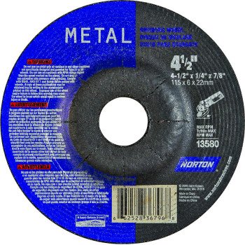 Norton 66252836796 Grinding Wheel, Applicable Materials: Carbon Steel, Stainless Steel, 4-1/2 in Dia, 1/4 in Thick