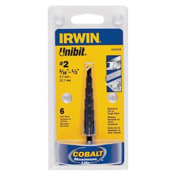 Irwin Unibit 10232 Step Drill Bit, 3/16 to 1/2 in Dia, 1-Flute, 1/4 in Dia Shank, Hex Shank