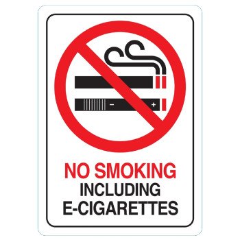 Hy-Ko D-28 Deco Sign, NO SMOKING INCLUDING E-CIGARETTES, White Background, Plastic, 7 in H x 5 in W Dimensions