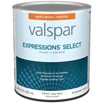 Valspar Expressions Select 4300 028.0043004.005 Latex Paint, Acrylic Base, Semi-Gloss Sheen, Clear Base, 1 qt