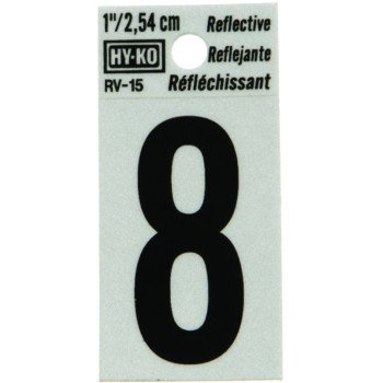 Hy-Ko RV-15/8 Reflective Sign, Character: 8, 1 in H Character, Black Character, Silver Background, Vinyl