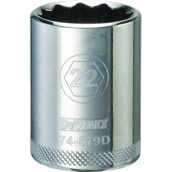 DEWALT DWMT74579OSP Drive Socket, 22 mm Socket, 1/2 in Drive, 12-Point, Steel, Polished Chrome Vanadium