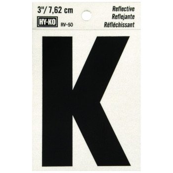 Hy-Ko RV-50/K Reflective Letter, Character: K, 3 in H Character, Black Character, Silver Background, Vinyl