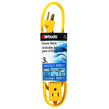 CCI 0863 Extension Cord, 14 AWG Cable, 3 ft L, 15 A, 125 V, Yellow