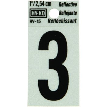 Hy-Ko RV-15/3 Reflective Sign, Character: 3, 1 in H Character, Black Character, Silver Background, Vinyl