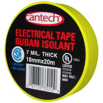 Cantech 330-05 Electrical Tape, 20 m L, 18 mm W, PVC Backing, Yellow