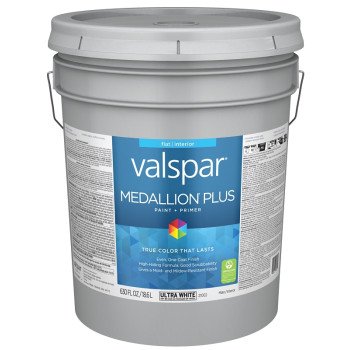 Valspar Medallion Plus 2100 028.0021002.008 Latex Paint, Acrylic Base, Flat Sheen, Ultra White Base, 5 gal