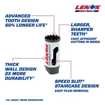 Lenox 3001616L Hole Saw, 25 mm Dia, 1-7/8 in D Cutting, 1/2 in Arbor, 4/5 TPI, Bi-Metal Cutting Edge