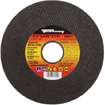 Forney 71802 Cut-Off Wheel, 4-1/2 in Dia, 0.04 in Thick, 7/8 in Arbor, 60 Grit, Medium, Aluminum Oxide Abrasive