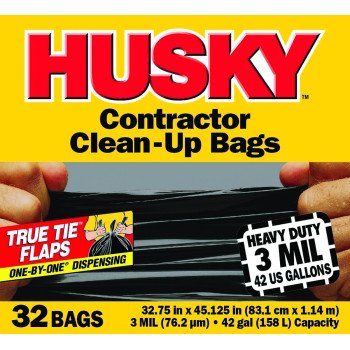 Husky HC42WC032B Clean-Up Trash Bag, 42 gal Capacity, Polyethylene Resin, Black