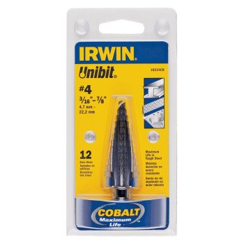 Irwin Unibit 10234 Step Drill Bit, 3/16 to 7/8 in Dia, 1-Flute, 3/8 in Dia Shank, Hex Shank