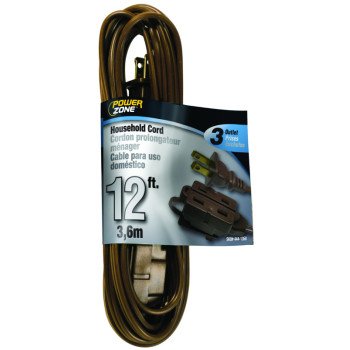 PowerZone OR670612 Extension Cord, 16 AWG Cable, 12 ft L, 125 V, Brown