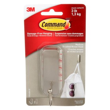 Command 17034BN-ES Medium Decorative Hook, 1 in W, Metal/Plastic, Brushed Nickel, 3 lb