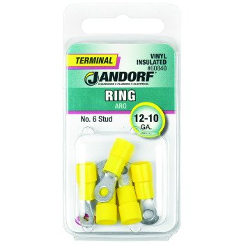 Jandorf 60840 Ring Terminal, 12 to 10 AWG Wire, #6 Stud, Vinyl Insulation, Copper Contact, Yellow