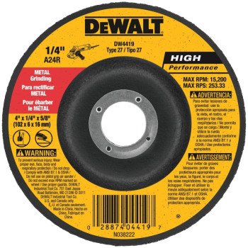 DEWALT DW4419 Grinding Wheel, 4 in Dia, 1/4 in Thick, 5/8 in Arbor, 24 Grit, Very Coarse, Aluminum Oxide Abrasive