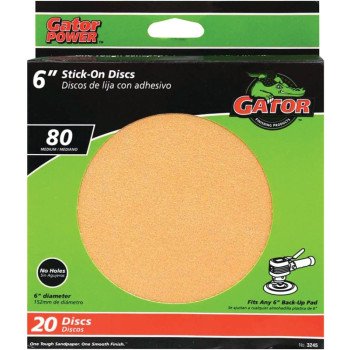 Gator 3245 Sanding Disc, 6 in Dia, Coated, 80 Grit, Medium, Aluminum Oxide Abrasive, Paper Backing