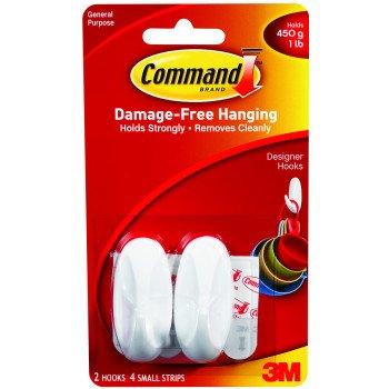 Command 17082 Designer Hook, 1/4 in Opening, 1 lb, 2-Hook, Plastic, White