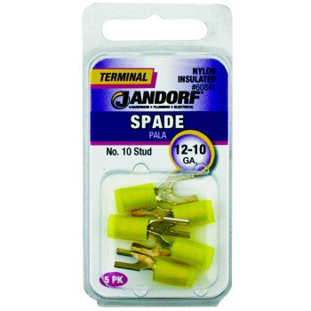 Jandorf 60841 Spade Terminal, 600 V, 12 to 10 AWG Wire, #10 Stud, Nylon Insulation, Copper Contact, Yellow