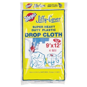 Warp's 4JC-912 Drop Cloth, 4 mil Thick, 12 ft L, 9 ft W, Plastic, Clear