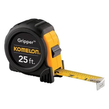 Komelon GRIPPER Series 5425 Tape Measure, 25 ft L Blade, 1 in W Blade, Steel Blade, ABS Case, Black Case