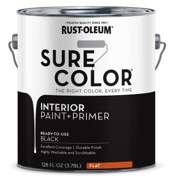 Rust-Oleum Sure Color 380216 Interior Wall Paint, Flat, Black, 1 gal, Can, 400 sq-ft Coverage Area